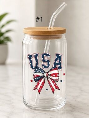 Buy Now* patriotic 16 ounce glass tumbler with glass straw and bamboo lid